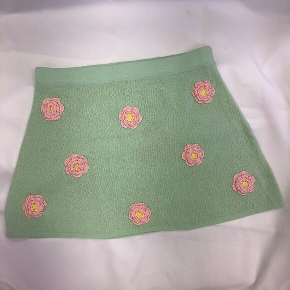 Sugar Thrillz Mini Skirt-DollsKill-Mint Green with Embroidered flowers-size S - Picture 6 of 8
